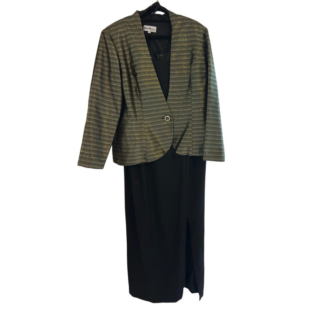 Karen Miller Dress Suit Set Vintage Black Gold Metallic Stripe Maxi 14‎